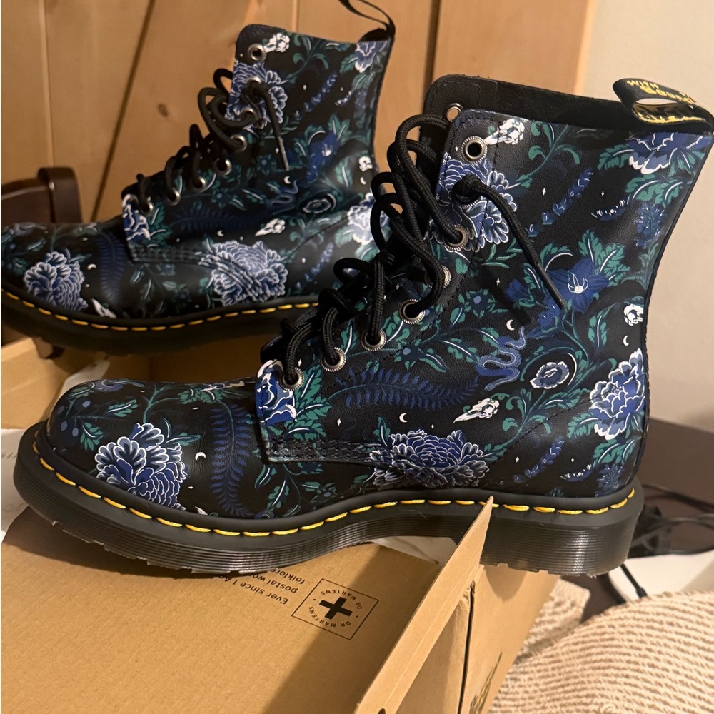 Dr. Martens Floral Combat Boots - Black and Blue
